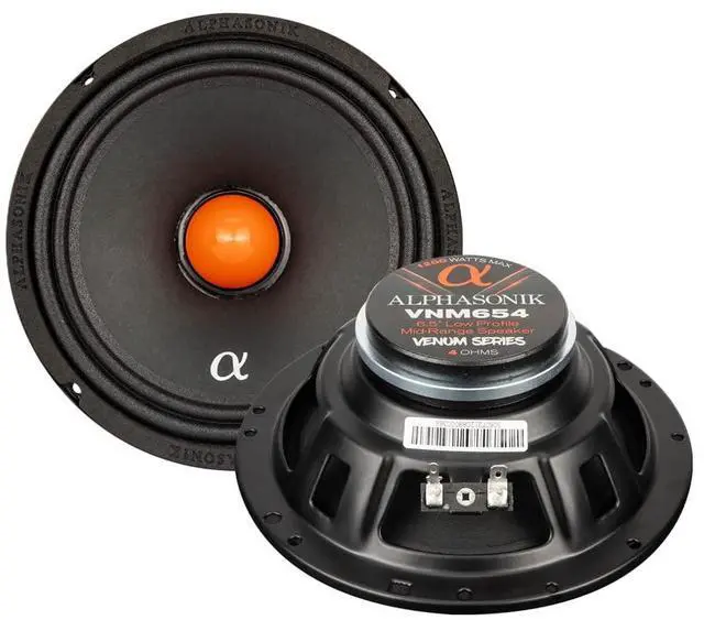 Main image of 1 Pair of VNM654 VENUM PRO Series 6.5" 1200 Watts Max 300 Watts RMS Shallow Mount Mid-Range Speakers for Car Audio and Harley Davidson Motorcycles, 4-Ohm, Stamped Basket, Neodymium Magnet