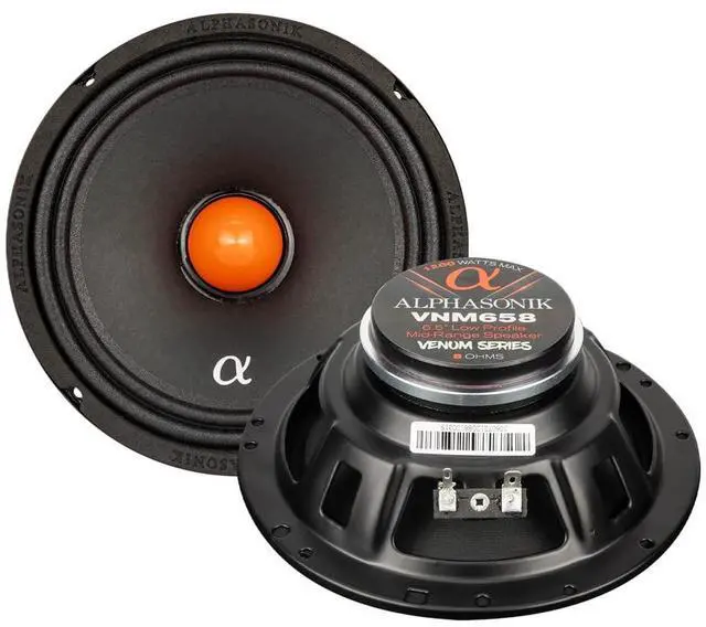 Main image of 1 Pair of VNM658 VENUM PRO Series 6.5" 1200 Watts Max 300 Watts RMS Shallow Mount Mid-Range Speakers for Car Audio and Harley Davidson Motorcycles, 8-Ohm, Stamped Basket, Neodymium Magnet
