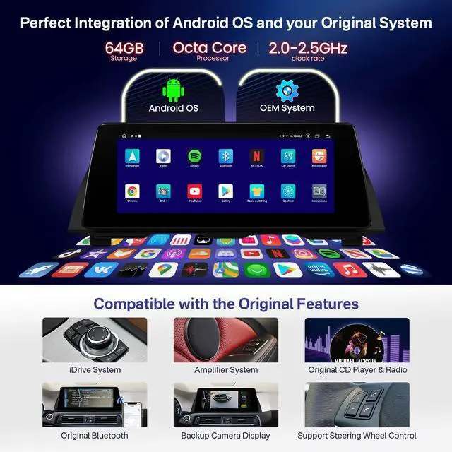 Alt view image 5 of 7 - 10.25 Inch Android Car Stereo for BMW 5 Series F10/F11 (2011-2012) CIC System, IPS Touch Screen GPS Navigation Support Wireless CarPlay Android Auto (2+64GB)