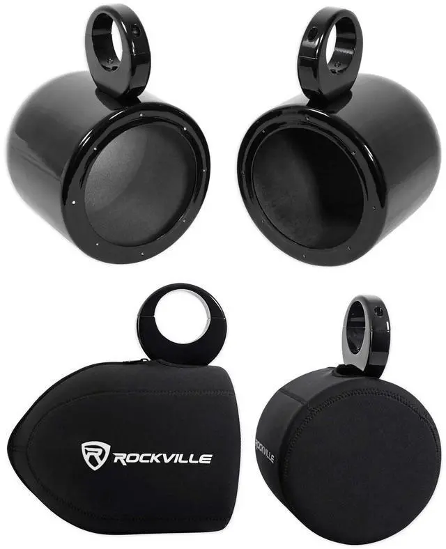 Main image of MAC65B 6.5" Black Wakeboard Tower Speaker Pod Pair with Covers | 6061 Aluminum, 100% Waterproof, Internally Wired, Fits 2"-2.5" Towers, Pair RWBC Neoprene Speaker Covers, Marine, 4-items