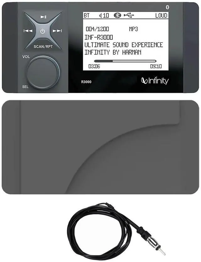 Main image of Infinity 4" LCD Display Bluetooth Marine AM/FM Rear AUX/USB Digital Media Stereo Receiver with Protective Stereo Cover, 22" Wired Radio Antenna
