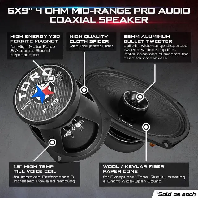 Alt view image 2 of 5 - TECH PM69X 6x9 4 Ohm Mid-Range Pro Audio Coaxial Speaker | 140 W RMS, 25 mm Aluminum Tweeter, Heavy Steel Basket, Wide Frequency Sound
