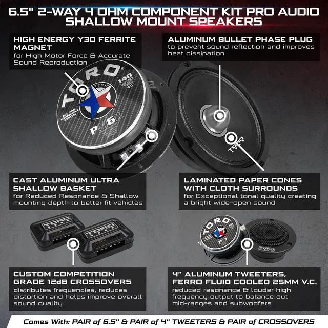 Alt view image 2 of 7 - TECH PM6K 6.5" Pro Audio Shallow Mount Speaker Kit | 340 W RMS (Pair), 2-Way Mid-Range with Super Tweeters, Shallow Depth, High-Efficiency Audio Upgrade