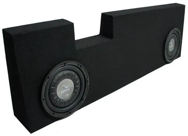 Main image of Loaded Dual 10" Sub Box F104 Fits 01-14 F250 F350 Crew Cab | Drivers arrive pre-mounted, air-tight MDF build, matched internal volume, spring terminals, subwoofer 10 inch ready