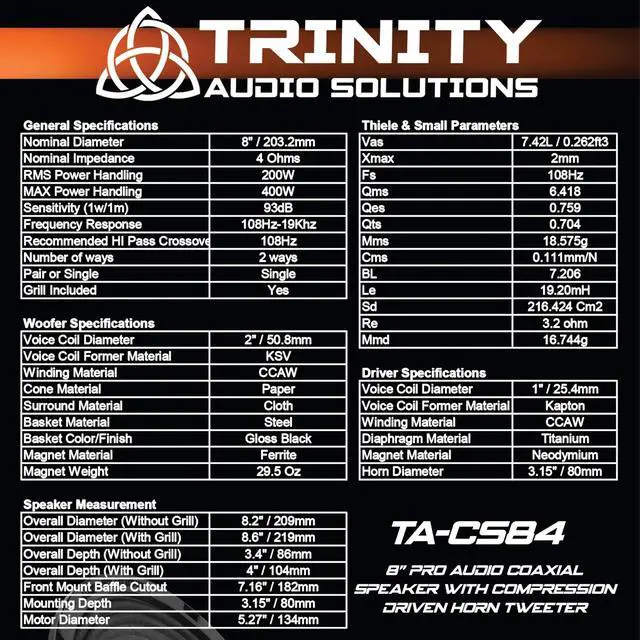 Alt view image 4 of 5 - 2 Trinity Audio TA-CS84 8" High Output Pro Audio Coaxial Speakers with Compression Driven Horn Tweeters