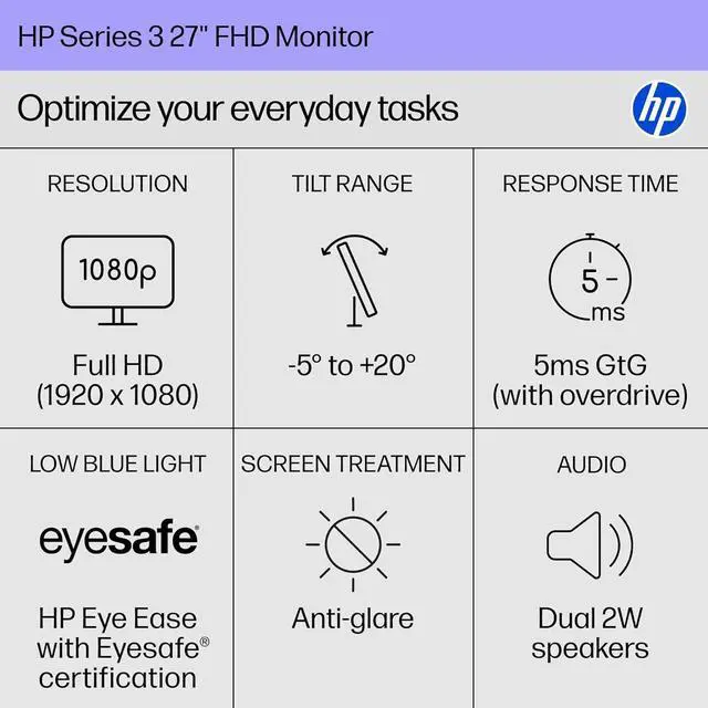 Alt view image 2 of 7 - HP 27-inch FHD Monitor with 100Hz Refresh Rate & Built-in Speakers | IPS Display for Home Office and Gaming |1300:1 Contrast Ratio | Low Blue Light | Adjustable Tilt | 3-Sided Borderless