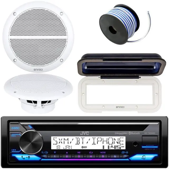 Main image of In-Dash Marine Boat Bluetooth Radio USB CD Receiver Bundle, Cover with pair Enrock 6.5" White Stereo Speakers, 18g 50ft Marine Speaker Wire