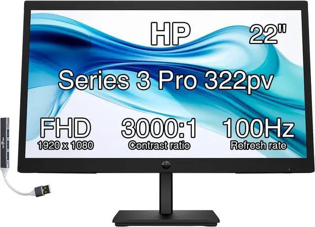 Main image of HP Series 3 Pro 322pv 22" FHD VA Monitor with 5ms Response Time, Anti Glare, Flicker Free, VESA Mount (100 x 100mm), HDMI & Dockztorm USB Port Expander, Black (9U5A2AA#ABA)