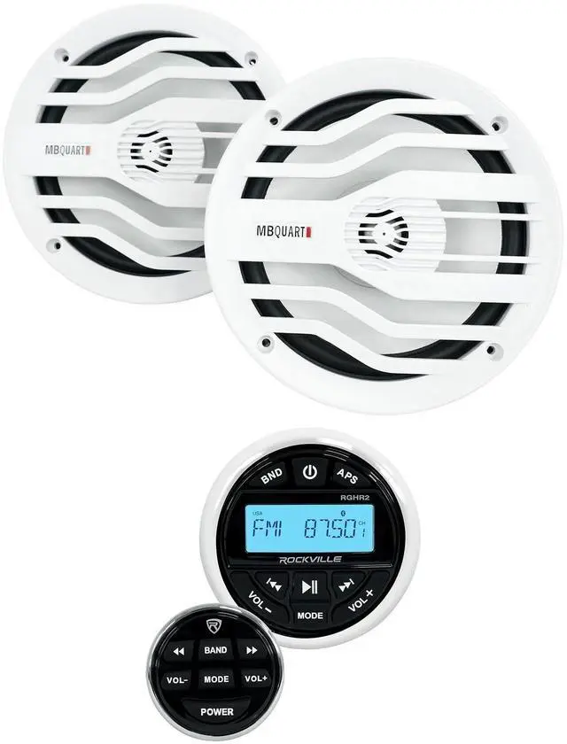 Main image of RGHR2 Marine Gauge Receiver Bundle with NK2-116W 6.5" Speakers | MB Quart White 120W 2-Way Pair, IPX67, Titanium Tweeter, IP66, Bluetooth/USB/AM/FM, 28W x 4 RMS, EQ, Wired Remote, 3-items