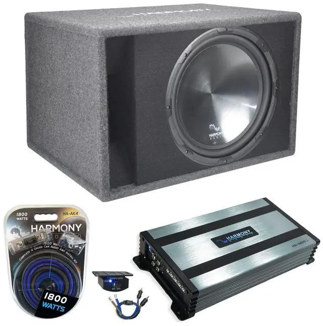 Main image of 15 Inch Subwoofer Amp and Wiring Kit Package Vented 900W | Loaded single box enclosure design, mono power included, 4 gauge install set, deep low end for car or truck