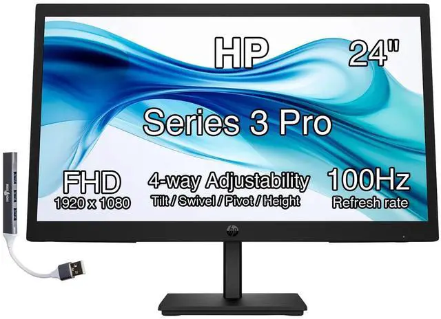 Main image of HP Series 3 Pro 24" 100Hz FHD IPS Monitor with Adjustable Tilt/Swivel/Pivot/Height, Built-in Dual 2W Speakers, VESA Mount (100mm), VGA, Displayport, HDMI w/DKZ Hub, Black