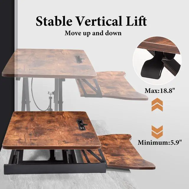 Alt view image 2 of 7 - Standing Desk Converter 37 Inch Height Adjustable Desk Riser with GasSpring Lift, Duals Screen Converter and Laptop Workstation, Sit Stand Ergonomic Riser with Wide Keyboard Tray for Offices (Brown)