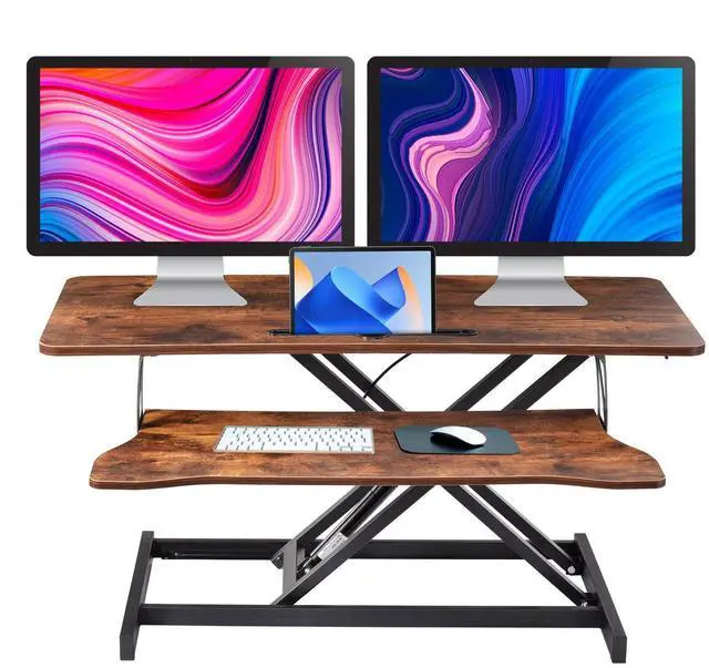 Main image of Standing Desk Converter 37 Inch Height Adjustable Desk Riser with GasSpring Lift, Duals Screen Converter and Laptop Workstation, Sit Stand Ergonomic Riser with Wide Keyboard Tray for Offices (Brown)