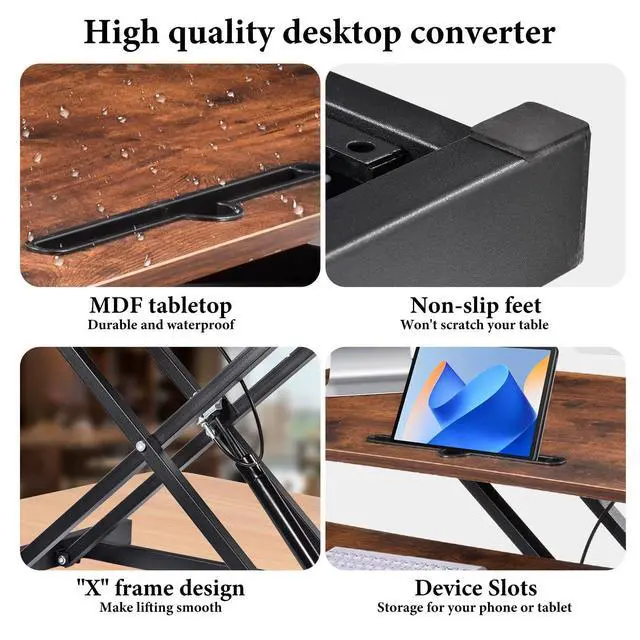 Alt view image 3 of 7 - Standing Desk Converter 37 Inch Height Adjustable Desk Riser with GasSpring Lift, Duals Screen Converter and Laptop Workstation, Sit Stand Ergonomic Riser with Wide Keyboard Tray for Offices (Brown)