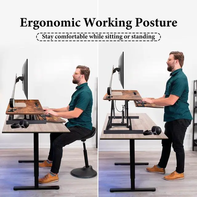 Alt view image 5 of 7 - Standing Desk Converter 37 Inch Height Adjustable Desk Riser with GasSpring Lift, Duals Screen Converter and Laptop Workstation, Sit Stand Ergonomic Riser with Wide Keyboard Tray for Offices (Brown)