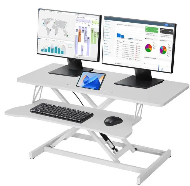 Main image of 37 Inch Standing Desk Converter, Height Adjustable Desk Riser with Gas Spring Lift, Dual Monitor & Laptop Workstation, Sit Stand Desktop Converter with Wide Keyboard Tray for Home Office