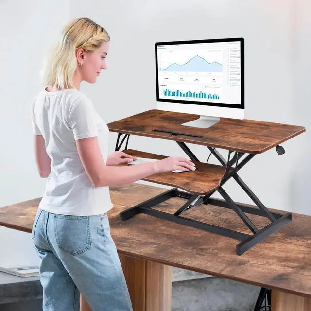 Alt view image 6 of 7 - Standing Desk Converter 37 Inch Height Adjustable Desk Riser with GasSpring Lift, Duals Screen Converter and Laptop Workstation, Sit Stand Ergonomic Riser with Wide Keyboard Tray for Offices (Brown)