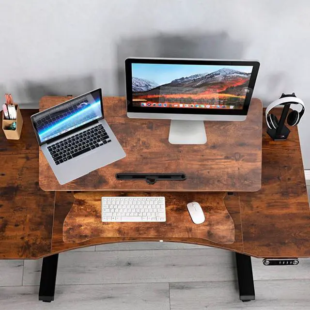 Alt view image 7 of 7 - Standing Desk Converter 37 Inch Height Adjustable Desk Riser with GasSpring Lift, Duals Screen Converter and Laptop Workstation, Sit Stand Ergonomic Riser with Wide Keyboard Tray for Offices (Brown)