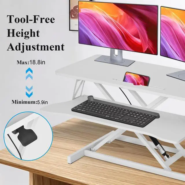 Alt view image 2 of 7 - 37 Inch Standing Desk Converter, Height Adjustable Desk Riser with Gas Spring Lift, Dual Monitor & Laptop Workstation, Sit Stand Desktop Converter with Wide Keyboard Tray for Home Office