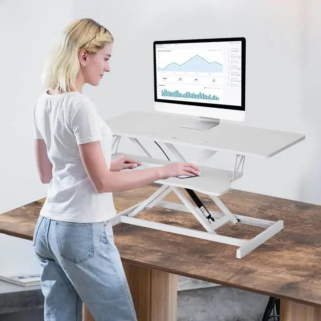 Alt view image 7 of 7 - 37 Inch Standing Desk Converter, Height Adjustable Desk Riser with Gas Spring Lift, Dual Monitor & Laptop Workstation, Sit Stand Desktop Converter with Wide Keyboard Tray for Home Office