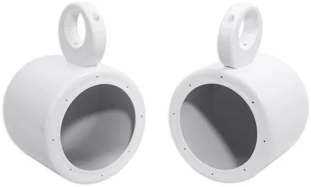 Main image of MAC65W White 6.5" Speaker Pod Pair with MAC360W Swivel Clamps | 6061 Aluminum Enclosures, 2 MAC360W 360° Swivel Clamps, 2 Stainless Quick-Release Knobs, 2 Rubber Washers, 4-Items
