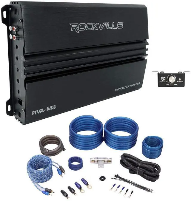 Main image of RVA-M3 V2 Mono Car Amplifier Bundle with RWK41 4 Gauge Wire Kit | 4000W Peak / 1000W RMS @ 1 Ohm, Class D, LPF 32-300Hz, Bass Remote, RWK41 4 Gauge Wiring Kit with RCA Cable, 2-Items
