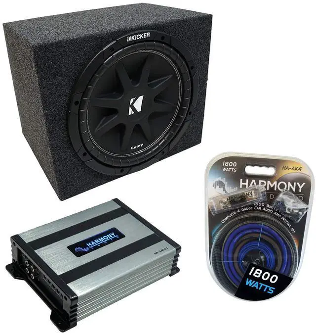 Main image of Kicker Comp C12 12" Rearfire Sealed Sub Box Harmony HA-A400.1 Amp Package | Tight accurate subwoofer response, 12 inch combo fits trunks, mono amplifier power, easy single install