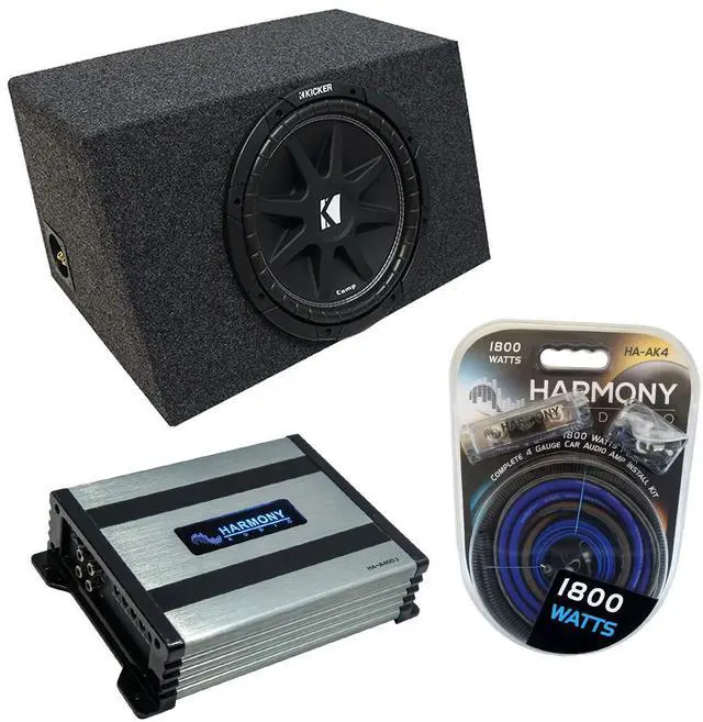 Main image of Kicker Comp C10 Sealed 10" Sub Box Harmony HA-A400.1 Amp Fits Hatchbacks | Air-tight subwoofer enclosure sized for compact cars, matched mono power bundle package, pre-loaded ready to install, 10 inch