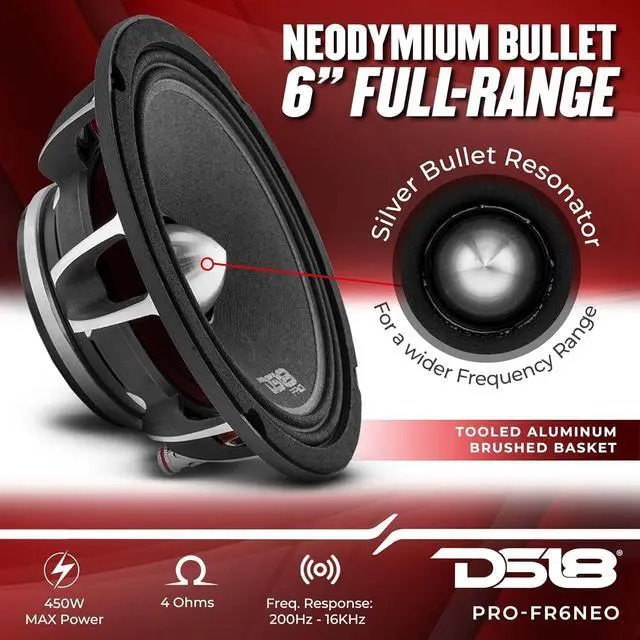 Alt view image 2 of 7 - PRO-FR6NEO Pair 6.5 Neodymium Full-Range Loudspeaker with Silver Bullet Tweeter and Grill 450W Max, 225W RMS, 4-Ohm, Aluminum Basket, High Power Car Audio Speaker - 2 Speakers