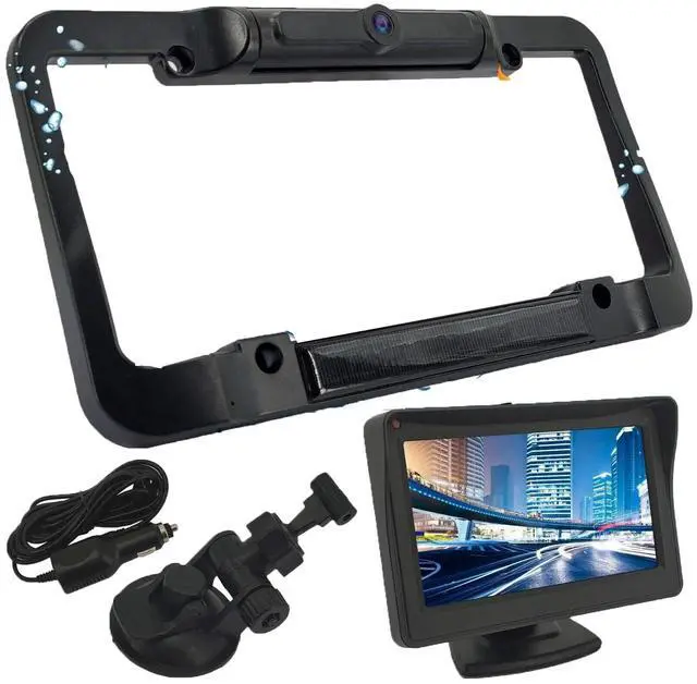 Main image of Solar Panel License Plate Frame Rear View Reverse Backup Camera Kit, Car Rover 110° Viewing Angle Universal Reversing Cameras with 4.3" Monitor Included