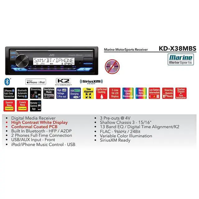 Alt view image 6 of 6 - Single DIN Marine Bluetooth AM/FM Stereo Receiver with 2X 6.5 100 Watt 2-Way Speakers, Radio Antenna and 16 Gauge 50-Ft Wire