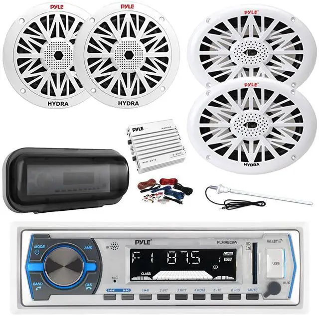 Main image of Pyle PLMRB29W Marine Single DIN Bluetooth MP3 Stereo Receiver, Cover, 4-Channel Amplifier w/Kit, 2x 6.5" 200W Full Range 2-Way Waterproof Speakers, 2x 6x9" 260W Outdoor Speakers, Radio Antenna