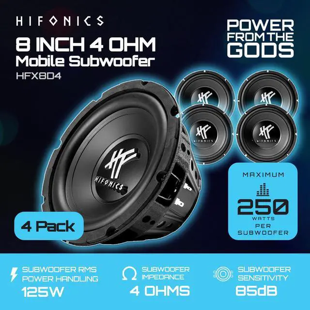 Alt view image 2 of 7 - 4 Pack HFX8D4 8" Round Subwoofer, 250 Watt Max 125 Watt RMS Single Speaker for Cars and Vehicles, 4 Ohm, Heavy Gauge and Powder Coated, Black