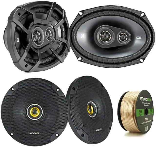 Main image of 2 Pair Car Speaker Package of 2X Kicker CSC654 300-Watt 6.5" Inch 2-Way Black Coaxial Speakers + 2X CSC6934 450W 6x9 CS Series 3-Way Speakers - Bundle Combo with Enrock 50 Foot 14 Gauge Speaker Wire