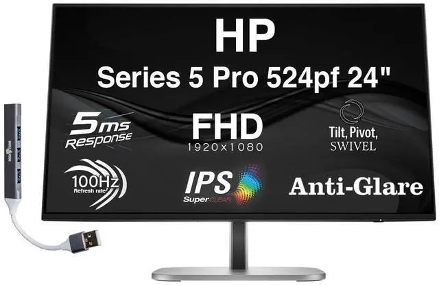 Main image of HP Series 5 Pro 524pf 24" FHD IPS Monitor with 5ms Response Time,350nits Brightness, Anti-Glare, Flicker Free, 100 Hz Refresh Rate, Displayport, HDMI & Dockztorm USB Hub, Black/Silver