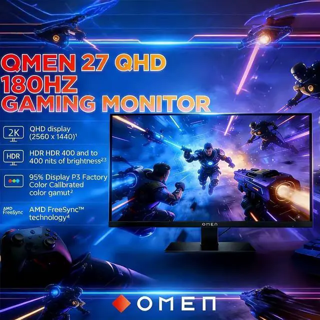 Alt view image 2 of 7 - HP OMEN 27 Inch QHD (2560 x 1440) Gaming Monitor, 180Hz Refresh Rate, 1ms Response Time, AMD FreeSync, IPS Eye Comfort Display, Ultra-Smooth Gameplay, Low Blue Light, OMEN 27q G2