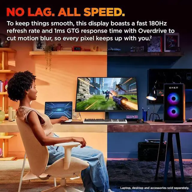 Alt view image 3 of 7 - HP OMEN 27 Inch QHD (2560 x 1440) Gaming Monitor, 180Hz Refresh Rate, 1ms Response Time, AMD FreeSync, IPS Eye Comfort Display, Ultra-Smooth Gameplay, Low Blue Light, OMEN 27q G2