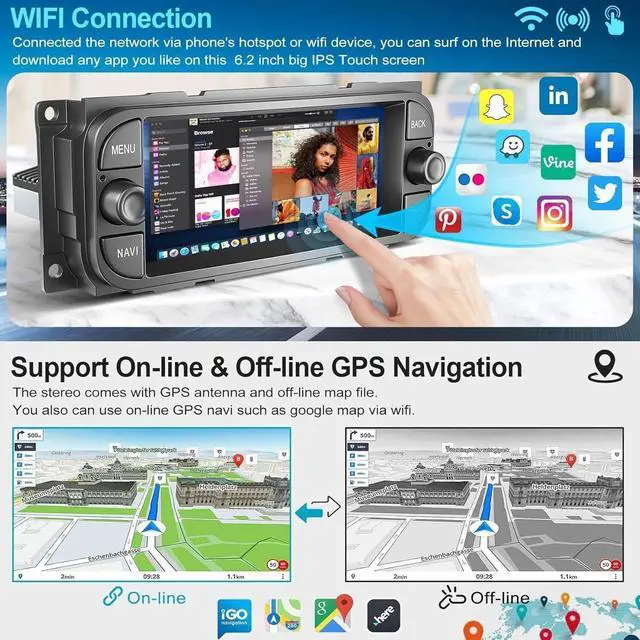 Alt view image 5 of 7 - Car Stereo Radio Upgrade for Dodge Viper 2003-2009 Android 14 Stereo | Replacement 6.86" Touch Screen Double Din Head Unit GPS Navi Support CarPlay/Android Auto Bluetooth WiFi FM SWC Backup Camera