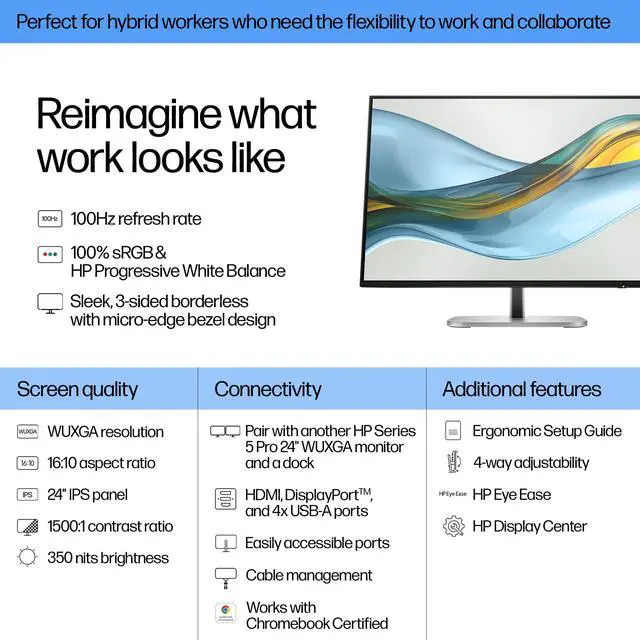 Alt view image 7 of 7 - Series 5 Pro 24" 100Hz WUXGA IPS Monitor Adjustable Tilt, Swivel, Pivot | Anti Glare, Flicker Free, VESA Mount (100mm), HDMI, DisplayPort, USB Hub, Black/Silver