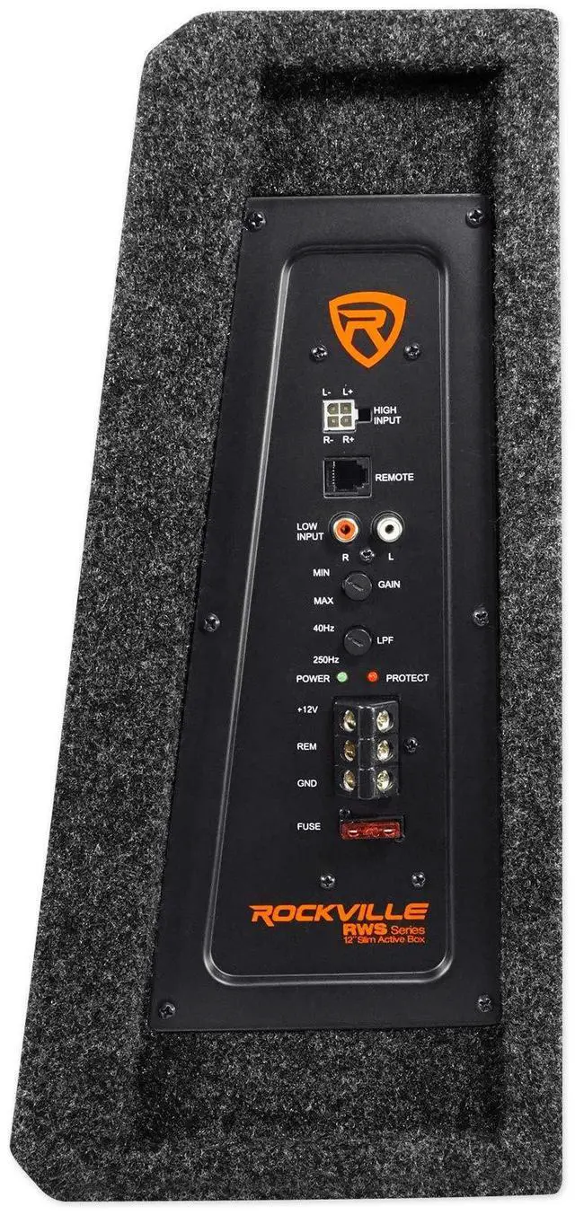 Alt view image 4 of 6 - RWS12CA 12" Powered Car Subwoofer Enclosure with RWK81 Wire Kit | 1200W Peak / 300W RMS, Slim Sealed MDF, RCA and High-Level Inputs, Low-Pass Crossover, Bass Knob, 8-Gauge Amp Kit, 2-Items