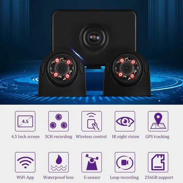 Alt view image 2 of 7 - T4.5 3 Channel Dash Cam with 4.5" Monitor, Waterproof Backup Camera - 1080P Front & IR Night Vision Rear/Side Cameras for Semi Truck RV Trailer Van Bus - Parking Mode, Free App, Loop Recording