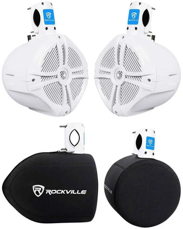 Main image of RWB80W 8" White Marine Wakeboard Tower Speaker Pair with Covers | 300W Peak / 200W RMS Each, 2-Way, 4-Ohm, Waterproof, RWBC80 Neoprene Speaker Covers Pair, Boat and ATV Compatible, 4-items