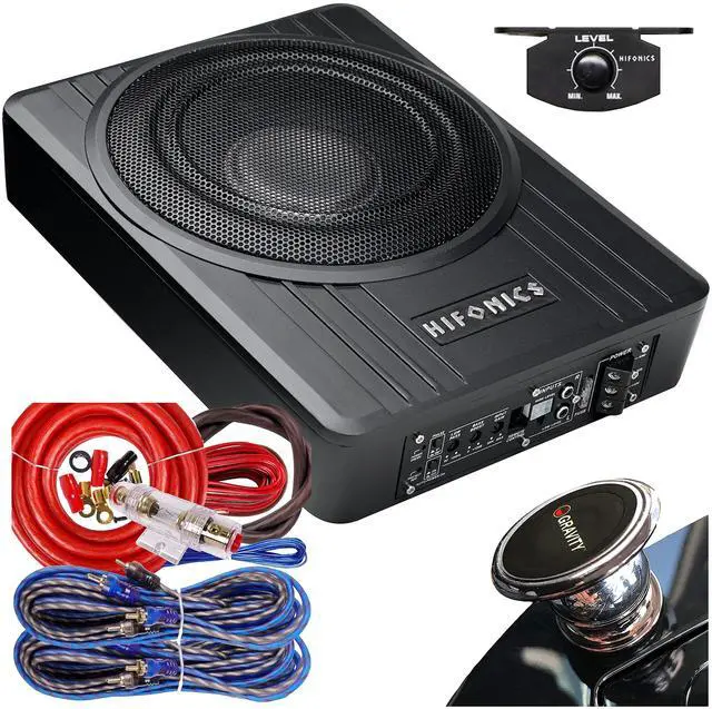 Main image of Brutus BW-110A - 800 Watts Compact Amplified Under The Seat Car Truck Subwoofer Low Profile with Bass Remote and 4 Gauge Red Kit and Gravity Magnet Phone Holder Bundle, Black, (BW-110A+4GR)
