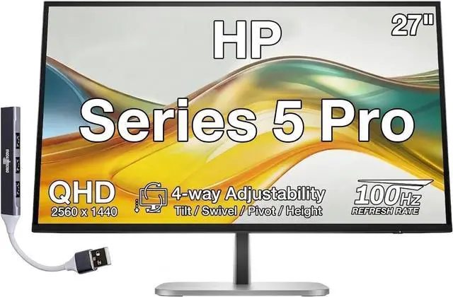 Main image of Series 5 Pro 27 Inch QHD IPS Monitor with 5ms Response Time | 4-way adjustability, Anti-Glare, Flicker Free, VESA Mount 100mm, Displayport, HDMI & USB Port Expander, Silver/Black