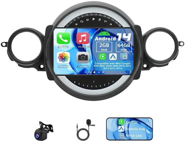 Main image of Android 14 Double Din Car Radio Compatible with Mini Cooper R56 2007 2008 2009-2014, 2G+64G 9" Touch Screen Car Stereo with Wireless Carplay Android Auto GPS WiFi Mic Backup Camera