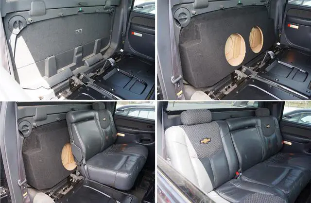 Alt view image 5 of 5 - Dual 10" Sub Box Fits 02-13 Chevy Avalanche Escalade EXT Behind Seat ASC | Tough charcoal carpet finish, air-tight sealed design, 10 inch subwoofer size for trucks and underseat mounting