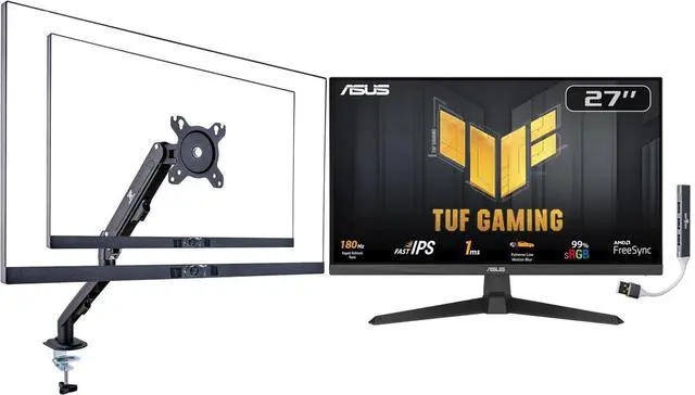Main image of TUF Gaming 27" FHD IPS Monitor with 1ms Response Time, 180Hz Refresh Rate, Anti Glare, Flicker Free, VESA Mount (100mm), Displayport, HDMI, Black(VG279Q3A) w/DKZ Hub & ErgoFlexy Single Mount Arm