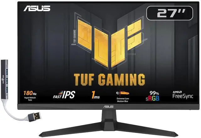 Main image of TUF Gaming 27" 1080P FHD IPS Monitor with 1ms Response Time, Black | 180Hz Refresh Rate, Anti Glare, Flicker Free, VESA Mount, Built-in Speakers, Displayport, HDMI & Dockztorm USB Port Expander