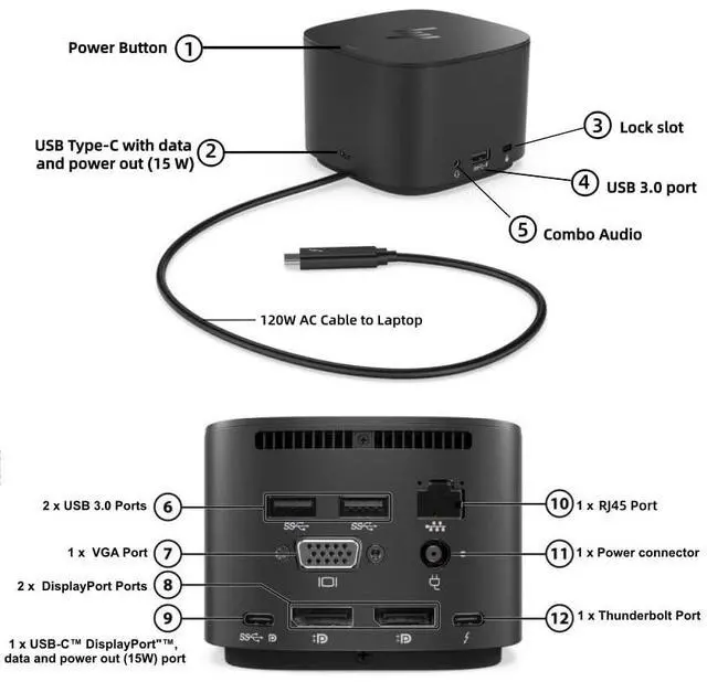 Alt view image 2 of 5 - Genuine HP Thunderbolt Dock 120W G2-2UK37ET/ 2UK38ET/ 2UK38UT/ 9LL35AA Multiport Docking Station for Laptop Dual Displays, w/ 120W Power Supply, HDMI Cable, DisplayPort to HDMI Adapter, USB-C Cable