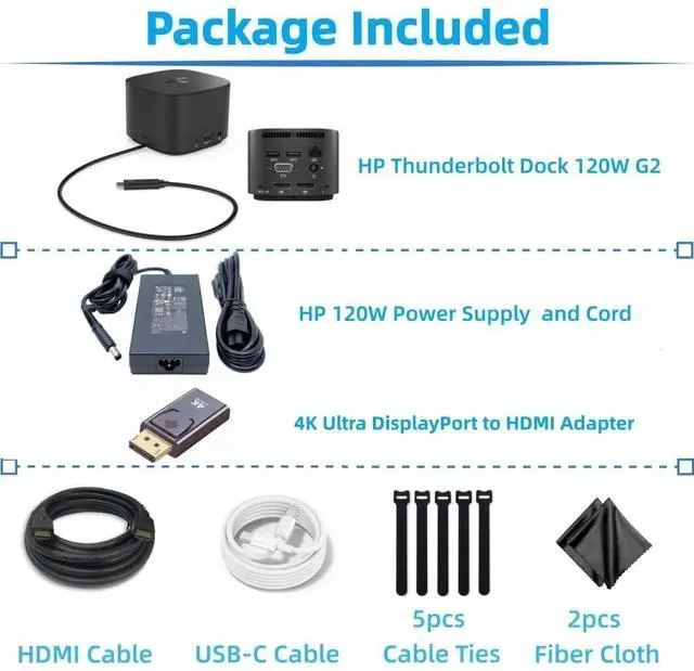 Alt view image 3 of 5 - Genuine HP Thunderbolt Dock 120W G2-2UK37ET/ 2UK38ET/ 2UK38UT/ 9LL35AA Multiport Docking Station for Laptop Dual Displays, w/ 120W Power Supply, HDMI Cable, DisplayPort to HDMI Adapter, USB-C Cable